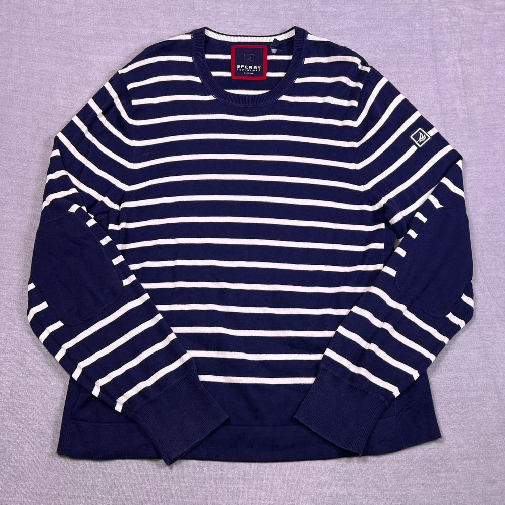 Sperry‎ Top-Sider Striped Elbow Patch Crewneck Sweater Mens XL Navy Blue Cotton